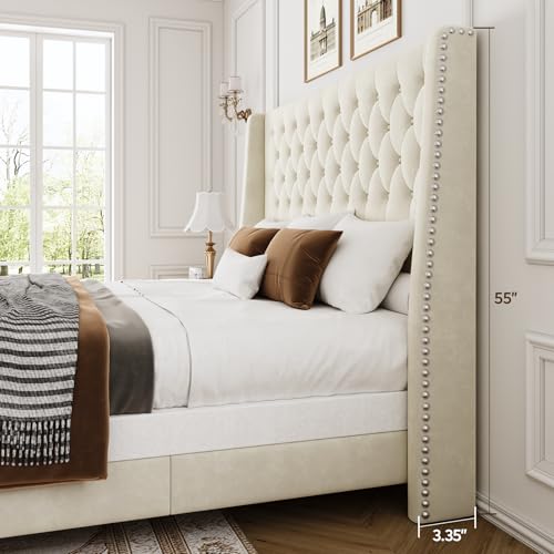 Queen Upholstered Bed Frame, 55.4'' Tall Headboard with Wingback, view 4