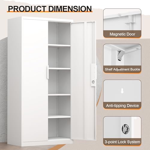 Metal Locking Cabinet,Metal Storage Cabinet with Doors and Shelves,Tall White Cabinets for Home Office,Garage,Warehouse