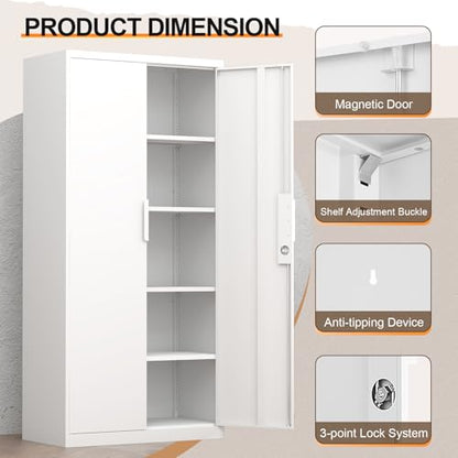 Metal Locking Cabinet,Metal Storage Cabinet with Doors and Shelves,Tall White Cabinets for Home Office,Garage,Warehouse