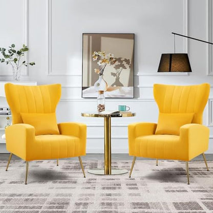 Modern Accent Chairs Set of 2, Wingback Chair with Arm & Gold Legs, Living Room Bedroom Side Chair with Lumbar Pillow, Velvet Upholstered, Channel Tufted, Yellow