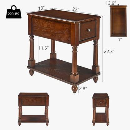 Narrow End SideTable with Drawer and Storage Shelf, Solid Wood Sofa Tables, Slim Beside Table- Telephone for Small Spaces, Living Room, 22"L x 13"W x 22.7"H No-tools Assembly Dark Walnut BBJ004DWA