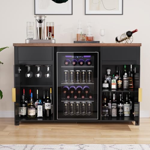 53.2" Coffee Bar Cabinet with Fridge Space,Fluted Sideboard,Black, view 6