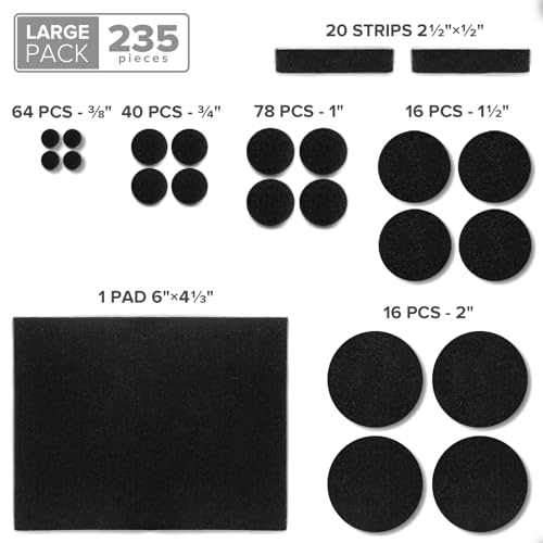 Felt Furniture Pads 235 PCS ! Huge Quantity of Black Furniture Pads for Hardwood Floors with Many Big Sizes – Your Ideal Wood Floor Protectors for Furniture.