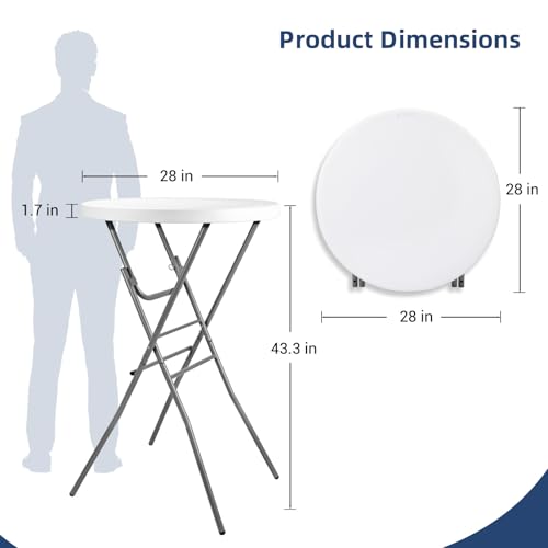 Cocktail Table 28in Folding Round High Top Indoor Outdoor with Removable Legs, Tall Bistro Foldable Bar Height Table for Parties, Patio, Backyard, Dining, Wedding, White- 2PCS