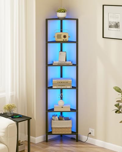 Corner Shelf with LED Light, 6-Tier Corner Bookshelf for Small Space, Narrow Display Corner Shelf Stand with Storage Rack, for Living Room, Bedroom, Black BS05BK006L