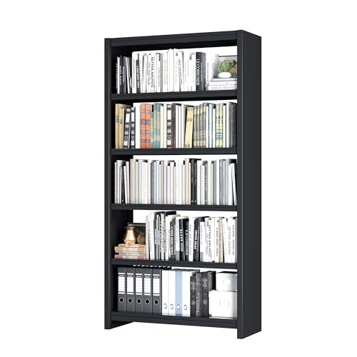 Bookshelf, 5 Shelf Bookcases, Tall Bookcase for Heavy Books, CDs, Movies, Garage Kit, Modern Display Shelf for Library Home Office Bderoom Living Room, Metal Bookshelves Industrial Black