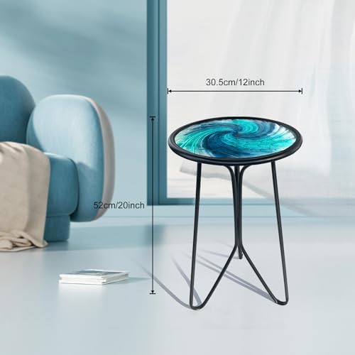 Patio Side Table, Small Round End Table, Metal Side Table Outdoor, Small Porch Table for Indoor Balcony Furniture Decor (Blue Glass 12inch)