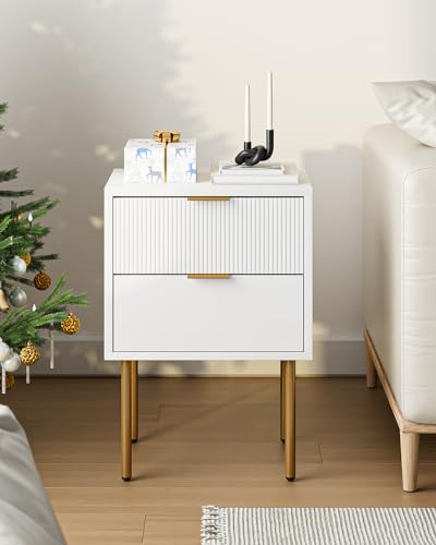 Nightstand,Small Bedside Table with Gold Frame,White Night Stand,Bedside Furniture,Side Table with 2Drawers for Bedroom,Living Room (2Drawers, White)