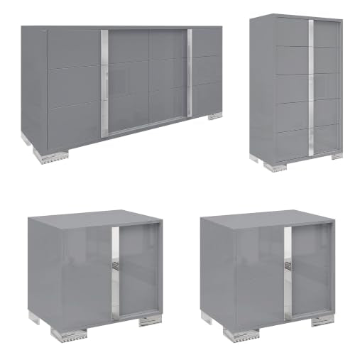 4 Piece Bedroom Dresser Set, Modern High Gloss UV Finish, 2 Nightstands, Chest of 5 Drawers & 6-Drawer Dresser, Electroplated Metal Handles, Bedroom Furniture Set, Grey