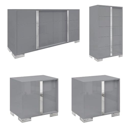 4 Piece Bedroom Dresser Set, Modern High Gloss UV Finish, 2 Nightstands, Chest of 5 Drawers & 6-Drawer Dresser, Electroplated Metal Handles, Bedroom Furniture Set, Grey