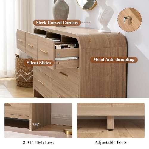Curved 7 Drawer Dresser for Bedroom, 53.82'' Wide Chest of Drawers, Modern Storage Cabinet for Hallway & Living Room TV Stand, FSC Certified 1.18" Thick Board, 100 lbs Top Weight, Oak