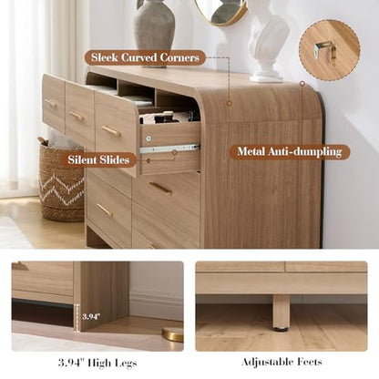 Curved 7 Drawer Dresser for Bedroom, 53.82'' Wide Chest of Drawers, Modern Storage Cabinet for Hallway & Living Room TV Stand, FSC Certified 1.18" Thick Board, 100 lbs Top Weight, Oak