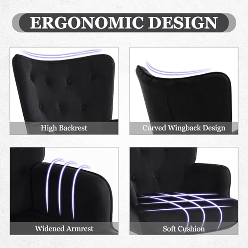 Accent Chairs Set of 2, Black Velvet Reading Armchairs with High Backrest, Wingback Corner Chairs - Mid Century Modern for Living Room, Bedroom, Waiting Room