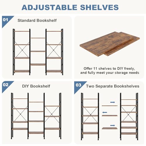 Triple Column 4 Tier Bookshelf with Adjustable Shelves, Wide Convertible Display Unit, Industrial Bookcase for Living Room & Home Office, Sturdy Freestanding Storage Decor Organizer, Rust
