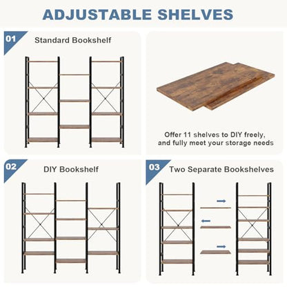 Triple Column 4 Tier Bookshelf with Adjustable Shelves, Wide Convertible Display Unit, Industrial Bookcase for Living Room & Home Office, Sturdy Freestanding Storage Decor Organizer, Rust