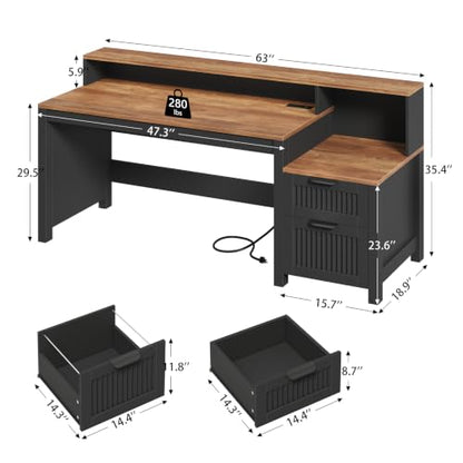 63" Fluted Computer Desk with Drawers & Printer Stand for Home Office, view 3