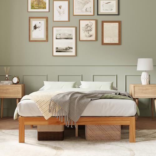 12 Inch Wooden Queen Bed Frame with Sturdy Slat Support, Natural Color, view 2