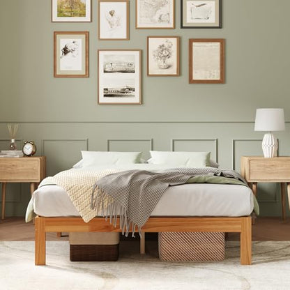 12 Inch Wooden Queen Bed Frame with Sturdy Slat Support, Natural Color, view 2