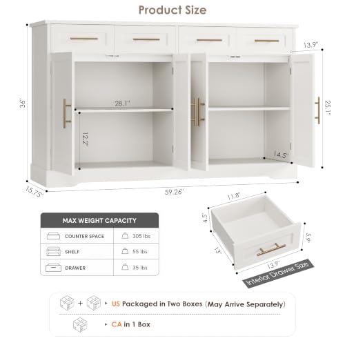 60" W Sideboard Buffet Cabinet with Storage, Kitchen Cabinet, White, view 4