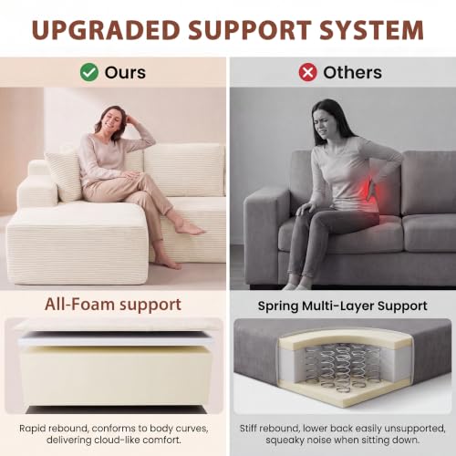 110" Boneless Sectional Couch, Modular Sectional Sofa L-Shape Couch with Deep Seat, Cloud Comfy Boneless Couch for Living Room, No Assembly Required (Corduroy, Beige)