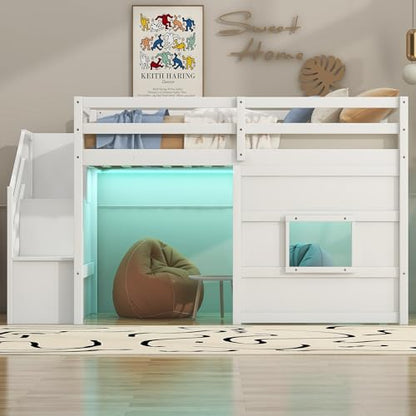 Twin Size Loft Bed with Storage Staircase, Window, LED Light, White