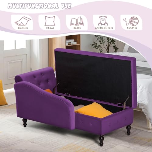 Velvet Chaise Lounge w/Right Armrest & Storage Space, Purpel, view 7