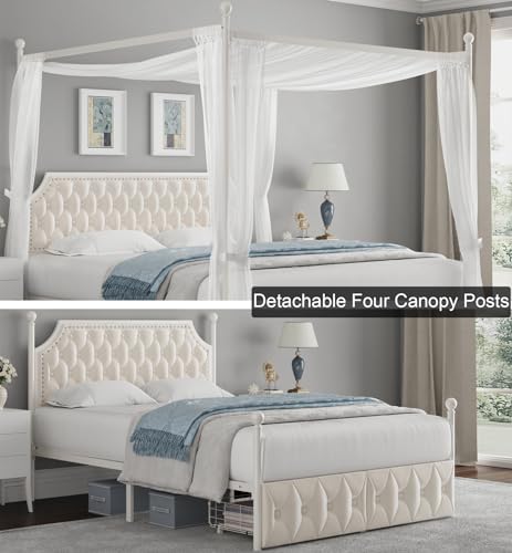 Full Upholstered Canopy Bed Frame with 2 Storage Drawers & Button Tufted, view 6