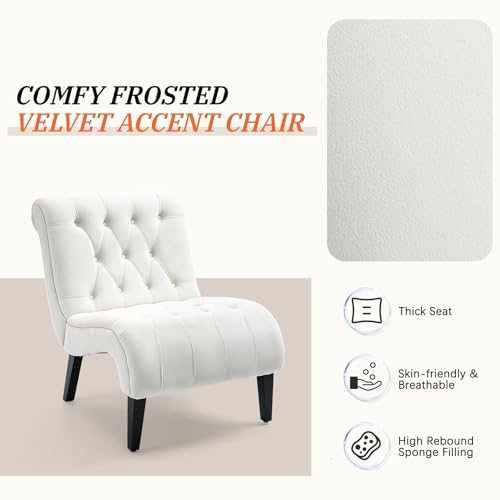 Cream White Frosted Velvet Tufted Accent Chair with Wood Legs | Wide Thick Cushion; Non-Slip Rubber Wood Legs; Ergonomic Back; Easy Assembly; For Living Room Bedroom