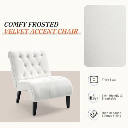 Cream White Frosted Velvet Tufted Accent Chair with Wood Legs | Wide Thick Cushion; Non-Slip Rubber Wood Legs; Ergonomic Back; Easy Assembly; For Living Room Bedroom