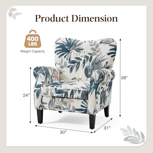Modern Accent Chair,High Back Armchair,Upholstered Fabric Button Single Sofa with Wooden Legs for Living Room,Bedroom,Blue Leaves