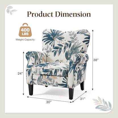 Modern Accent Chair,High Back Armchair,Upholstered Fabric Button Single Sofa with Wooden Legs for Living Room,Bedroom,Blue Leaves