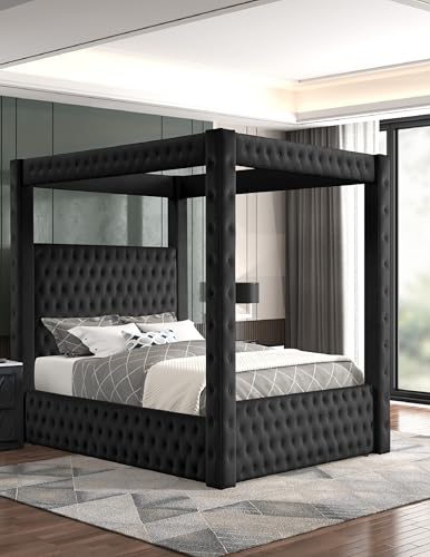 Velvet Canopy Bed Frame King - Upholstered Four Poster Bed Frame with Tufted Headboard and Footboard, Luxury Bed Frame with Wood Slats for Bedroom Furniture, Box Spring Required, Black