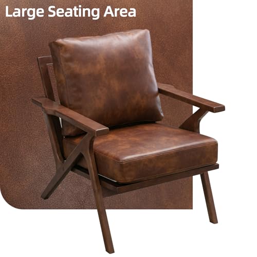 Mid-Century Modern Accent Chair with Wood Frame, PU Leather Living Room Chair and Soft Thick Padded Armchair for Living Room Bedroom Reception with Removable Upholstered Cushions, Reddish Brown