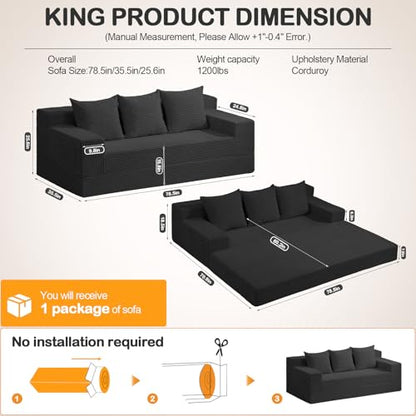3 Seater Boneless Couch Sofa Bed, 78'' Corduroy Oversized Loveseat Folding Sofas Bed, Compression Convertible Futon Floor Couch Sofa Beds with 3 Pillows for Living Room Bedroom Apartment