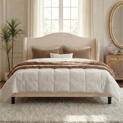 Queen Size Bed Frame, Chenille Wingback, Modern Style, Beige, view 5