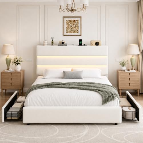 Beige Queen Bed Frame with Drawers and Headboard, view 4