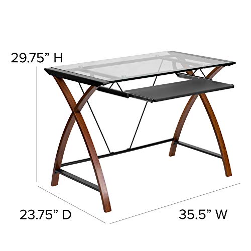 Jude Tempered Glass Computer Desk with Pull-Out Keyboard Tray and Crisscross Frame, Small Computer Desk for Home Office, Cherry/Clear
