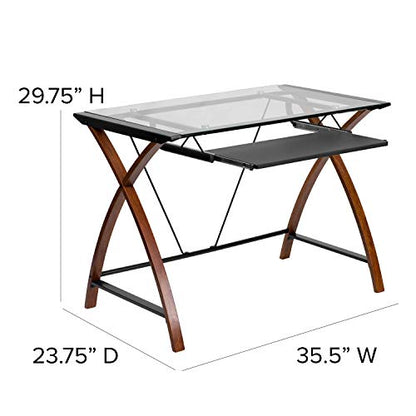 Jude Tempered Glass Computer Desk with Pull-Out Keyboard Tray and Crisscross Frame, Small Computer Desk for Home Office, Cherry/Clear