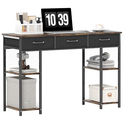 47" Computer Desk with 3 Fabric Drawers, Home Office Desk with Adjustable Shelves, Small Writing Desk with Storage, Rustic Brown