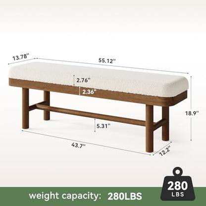 55" Upholstered Bedroom Bench, Solid Wood End of Bed Bench, Modern Indoor Bench with Cushion for Bedroom, Living Room, White & Brown