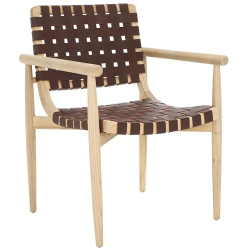SAFAVIEH Home Collection Dionne Natural Sungkai Solid Wood/Cognac Brown Leather Woven Accent Chair (Fully Assembled)