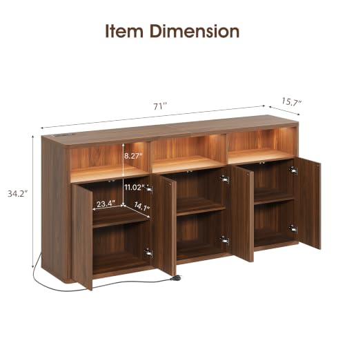 71" Fluted Sideboard Buffet Cabinet with Lights & Outlets, Walnut, view 3