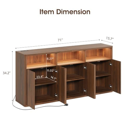 71" Fluted Sideboard Buffet Cabinet with Lights & Outlets, Walnut, view 3