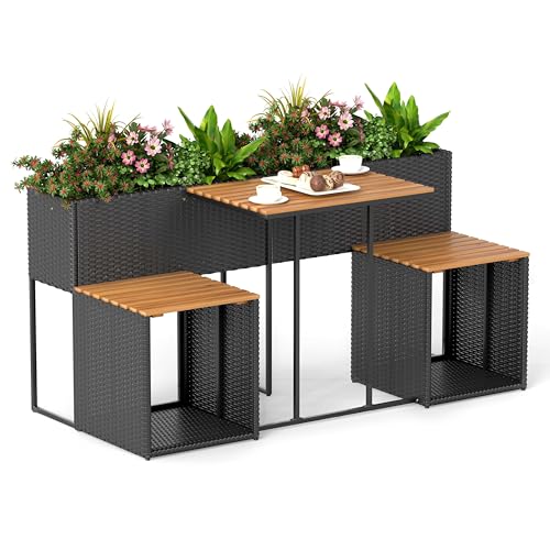 Patio Furniture Set with Raised Garden Bed, PE Rattan Garden Planter Table with Built-in Chairs and Storage Space, Acacia Wood Outdoor Conversation Set with Sturdy Metal Frame