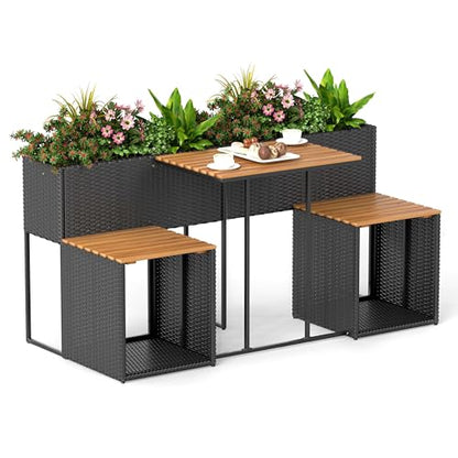 Patio Furniture Set with Raised Garden Bed, PE Rattan Garden Planter Table with Built-in Chairs and Storage Space, Acacia Wood Outdoor Conversation Set with Sturdy Metal Frame