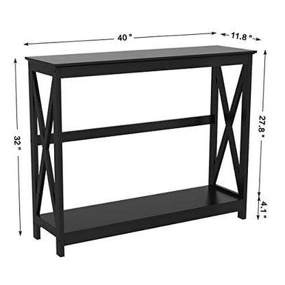 Black two tier X design console table with storage shelf, view 4