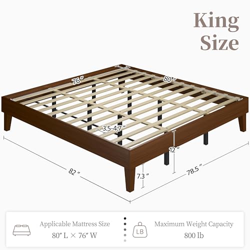 Yaheetech King Size Solid Wood Platform Bed Frame Low-Profile Dark Walnut, view 3