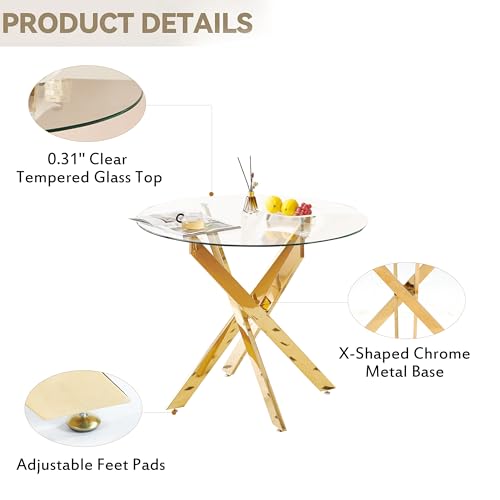 Glass Dining Table Set for 4, Modern 36" Round Kitchen Table with 4 Velvet Dining Chairs and Golden Cross Metal Legs, Modern Circle Dinner Table Set, 5 Piece Dining Set for Kitchen