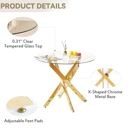 Glass Dining Table Set for 4, Modern 36" Round Kitchen Table with 4 Velvet Dining Chairs and Golden Cross Metal Legs, Modern Circle Dinner Table Set, 5 Piece Dining Set for Kitchen