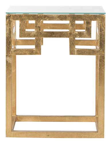 SAFAVIEH Home Collection – Byram Greek Key Antique Gold Glass Top End Table, Fully Assembled, Modern Glam Accent Table (FOX2574A)